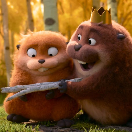 Mabel (voiced by Piper Curda, left) learns the ways of the pond from King George (Bobby Moynihan) in Pixar's "Hoppers."