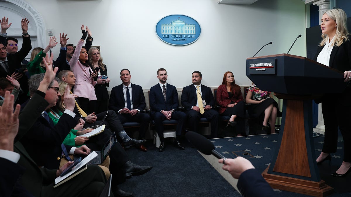 White House Press Secretary Karoline Leavitt takes questions during a news briefing in the James S. Brady Press Briefing Room of the White House on March 04, 2026 in Washington, DC.