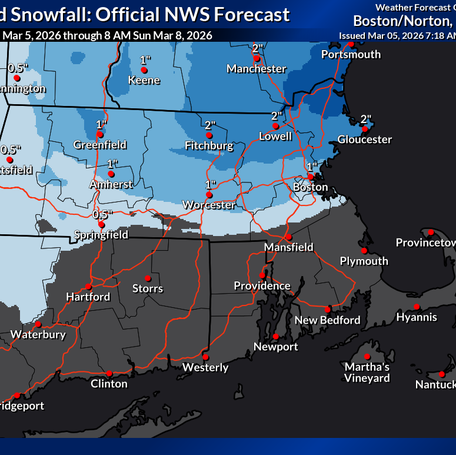 Expected snowfall totals for Massachusetts from Thursday, March 5, at 7 a.m., to Sunday, March 8, at 8 a.m., per the National Weather Service.