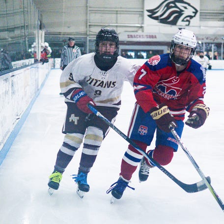 Algonquin/Hudson freshman Annabelle Preciado and Methuen/Tewksbury freshman Maeve Burns follow the puck after it is passed along the boards during the Division 1 Elite 8 game against Methuen/Tewksbury at Chelmsford Forum, March 4, 2026.