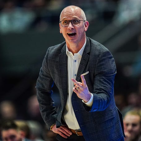 UConn Huskies head coach Dan Hurley watches from the sideline as they take on the DePaul Blue Demons at PeoplesBank Arena on Jan 10, 2026 in Hartford, Connecticut.