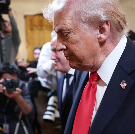 President Donald Trump departs the East Room of the White House on March 5, 2026, in Washington, DC.
