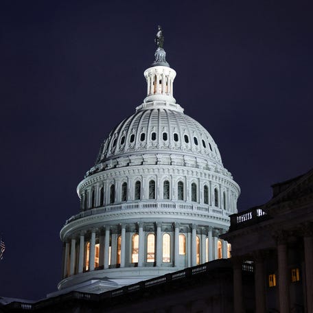 An evening view of the U.S. Capitol building in Washington, DC.