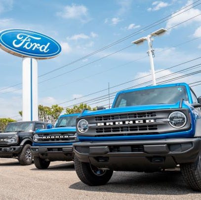 Ford Broncos are seen on a lot at a dealership on April 18, 2025 in Austin, Texas.