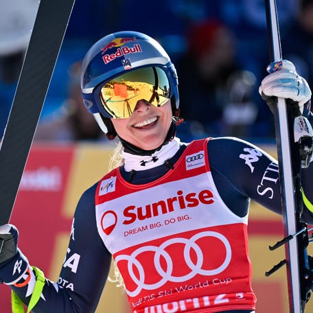 ST MORITZ, SWITZERLAND - DECEMBER 13: Lindsey Vonn of Team United States celebrates during the Audi FIS Alpine Ski World Cup Women's Downhill on December 13, 2025 in St Moritz, Switzerland. (Photo by Alain Grosclaude/Agence Zoom/Getty Images)