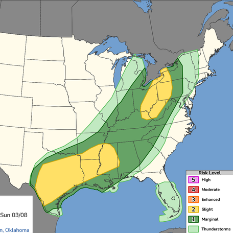 Severe weather is possible for up to 90 million across portions of the eastern United States on Saturday, March 7 as a cold front moves through, according to the National Weather Service Storm Prediction Center.