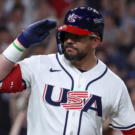 Mar 7, 2026; Houston, TX, United States; United States designated hitter Kyle Schwarber (12) rounds the bases after hitting a two-run home run against Great Britain during the fifth inning at Daikin Park. Mandatory Credit: Troy Taormina-Imagn Images