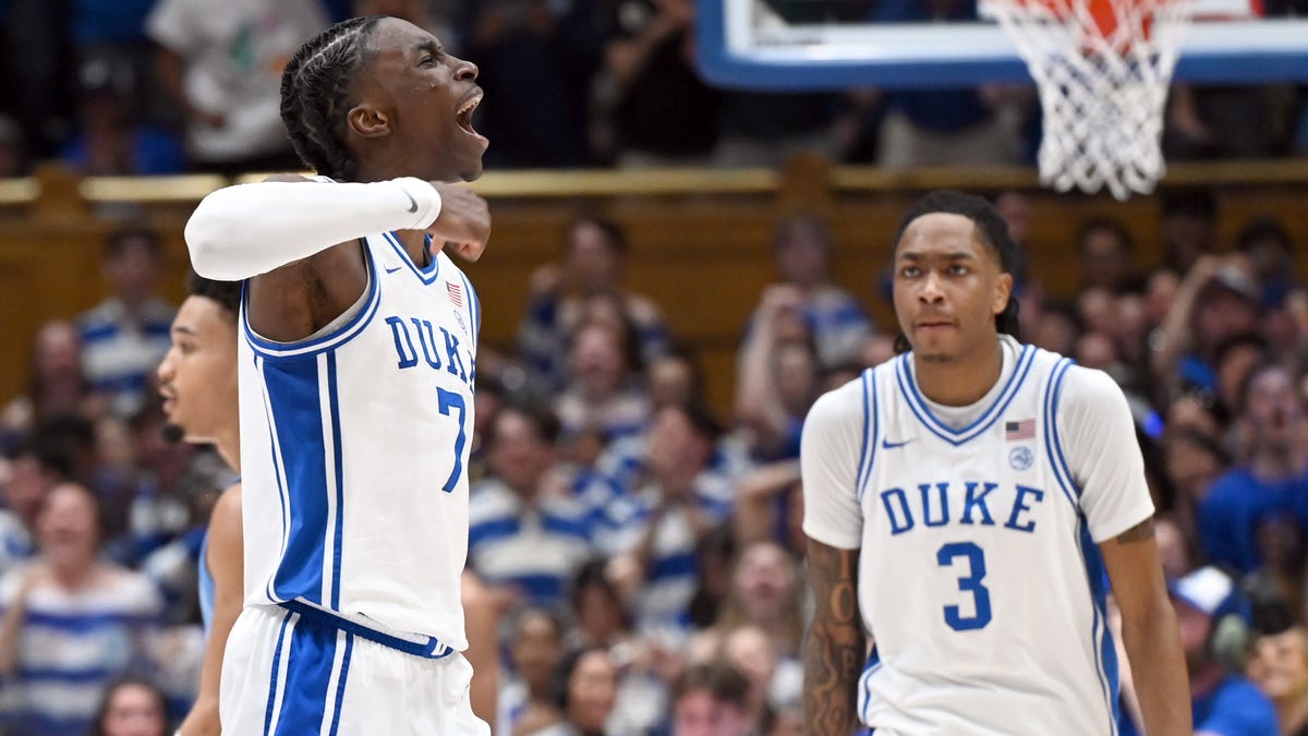 Duke Blue Devils forward Dame Sarr (7) reacts during a timeout in the second half against the North Carolina Tar Heels at Cameron Indoor Stadium. The Duke Blue Devils won 76-61.