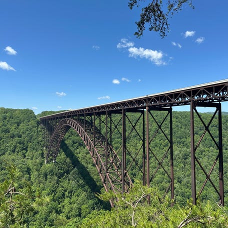 New River Gorge Bridge seen from an overlook near the Canyon Rim Visitor Center.