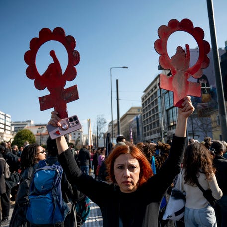 A woman takes part in a demonstration to mark the International Women's Day in Athens, Greece, on March 8 , 2026.