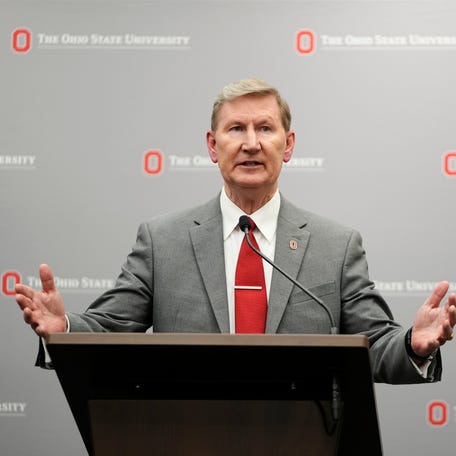 Walter E. "Ted" Carter Jr. speaks to reporters on Tuesday, Aug. 22, 2023 after the Ohio State University Board of Trustees named him the school's 17th president.