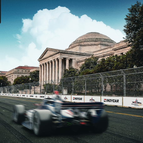 The official The official red, white and blue Freedom 250 Grand Prix IndyCar on the Freedom 250 Grand Prix course.