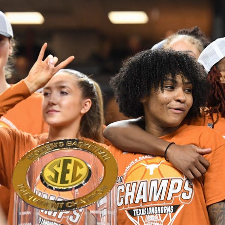 The Texas Longhorns celebrate Sunday, March 8, 2026, after the SEC Women's Basketball Tournament Championship game against the South Carolina Gamecocks at Bon Secours Wellness Arena in Greenville, South Carolina. Texas Longhorns won 78-61.
