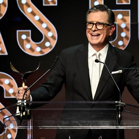 Stephen Colbert speaks during the Writers Guild Awards New York ceremony on March 8, 2026, in New York City.