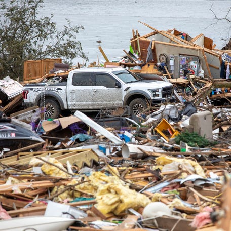 Damage and debris are seen along Tuttle Road following a tornado that hit several cities in rural southwest Michigan on March 7, 2026 in Union City, Michigan.