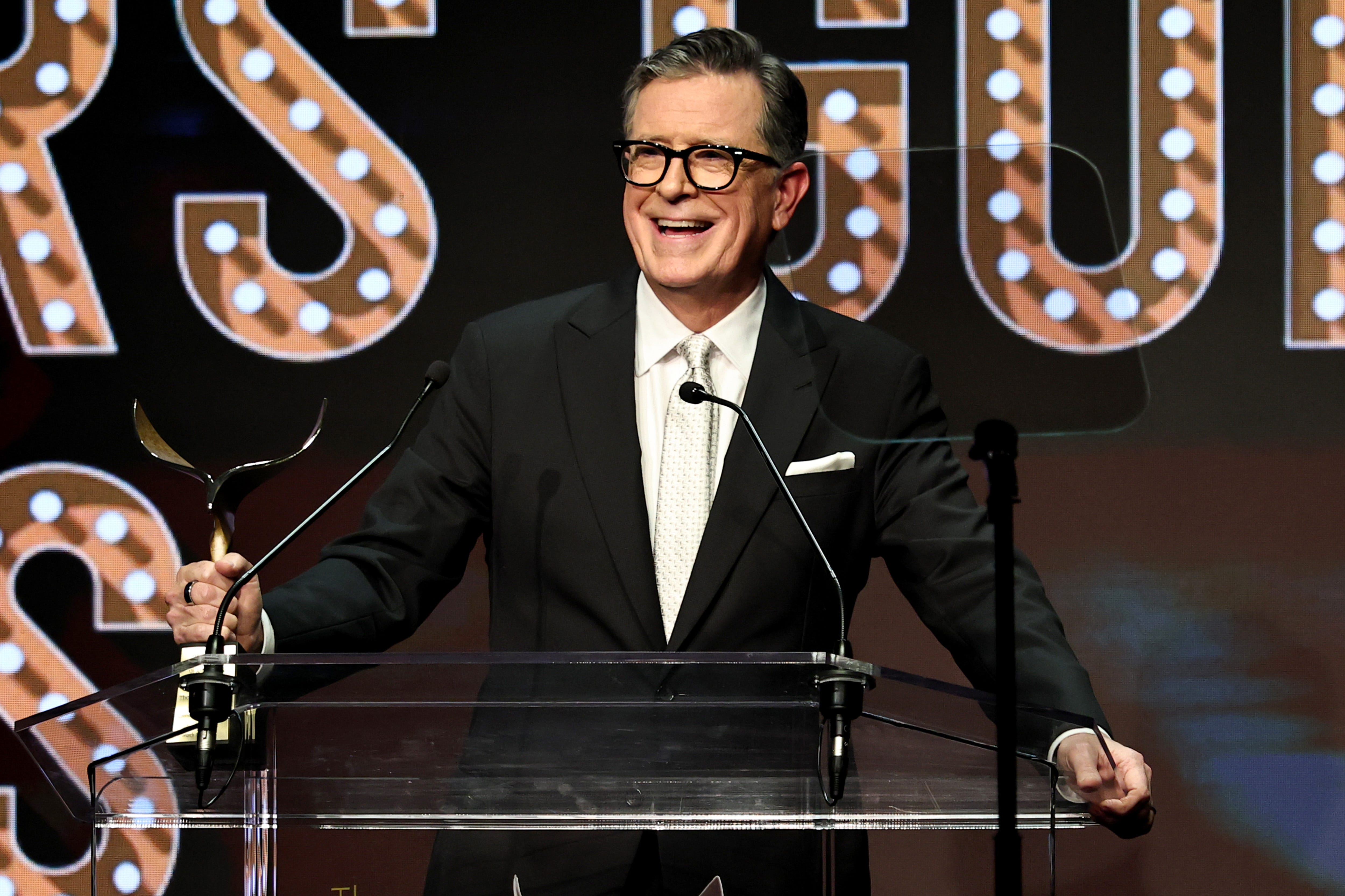 <p style="margin: 0px;">Stephen Colbert speaks during the Writers Guild Awards New York ceremony on March 8, 2026, in New York City. </p>