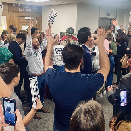 Abortion abolition advocates sing "A Mighty Fortress Is Our God" outside a committee room at the Cordell Hull Building after House Bill 570, which would have allowed women who get abortions to be prosecuted for homicide, died for lack of a motion on March 10, 2026.