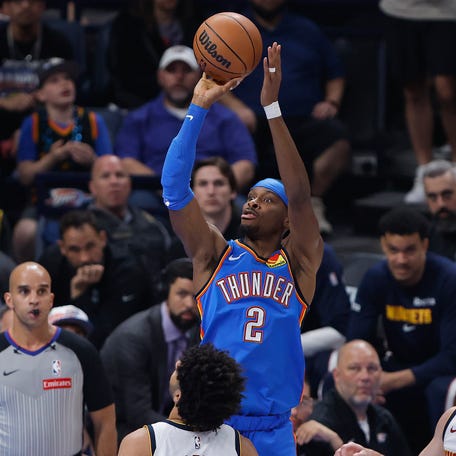 Oklahoma City Thunder guard Shai Gilgeous-Alexander (2) shoots against the Denver Nuggets during their game Paycom Center on March 9, 2026.