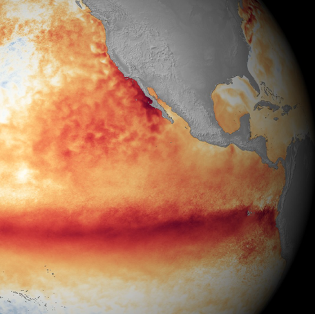 Ocean temperature anomalies (differences from normal) during a strong El Nino are seen on NOAA's map. Blue indicates that the ocean water is colder than usual, while red indicates that it is warmer than normal.