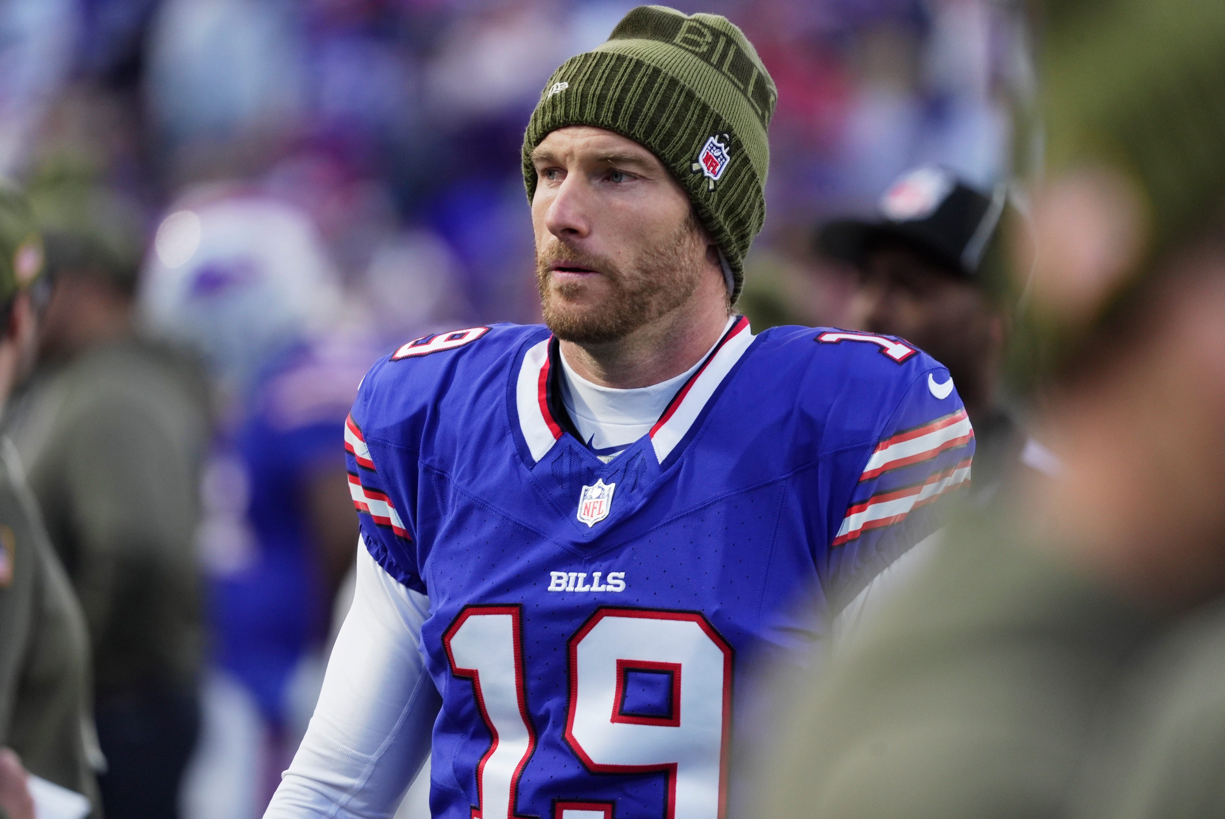 Buffalo Bills punter Mitch Wishnowsky walks towards the bench during first half action against the Kansas City Chiefs at Highmark Stadium in Orchard Park on Nov. 2, 2025.