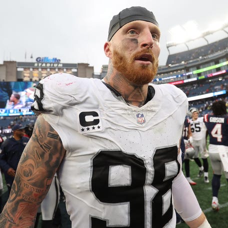 Maxx Crosby #98 of the Las Vegas Raiders reacts after defeating the New England Patriots following the game at Gillette Stadium on September 07, 2025 in Foxborough, Massachusetts.