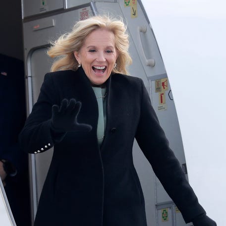 First Lady Jill Biden arrives at Austin Straubel International Airport on Friday, February 16, 2024, in Green Bay, Wisconsin.