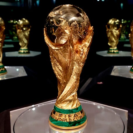 A FIFA World Cup trophy on tour is displayed in Zapopan, Mexico, on Feb. 28, 2026. The tournament will feature 48 teams hosted across Canada, Mexico and the United States from June 11 through July 19.