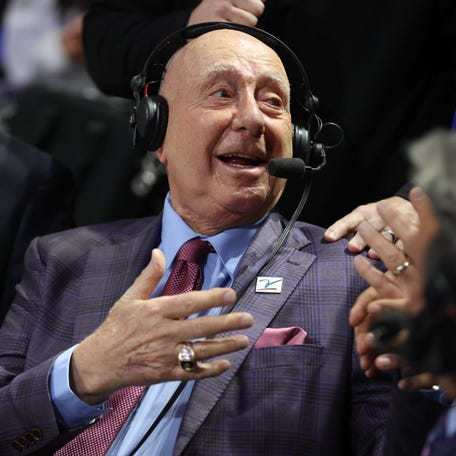 Dick Vitale greets the rest of the broadcasting table during the first half of a game on Feb. 1, 2026.