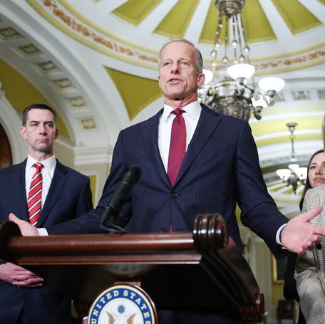 Senate Majority Leader John Thune, R-South Dakota, addresses reporters at the U.S. Capitol on March 10, 2026, in Washington, DC.