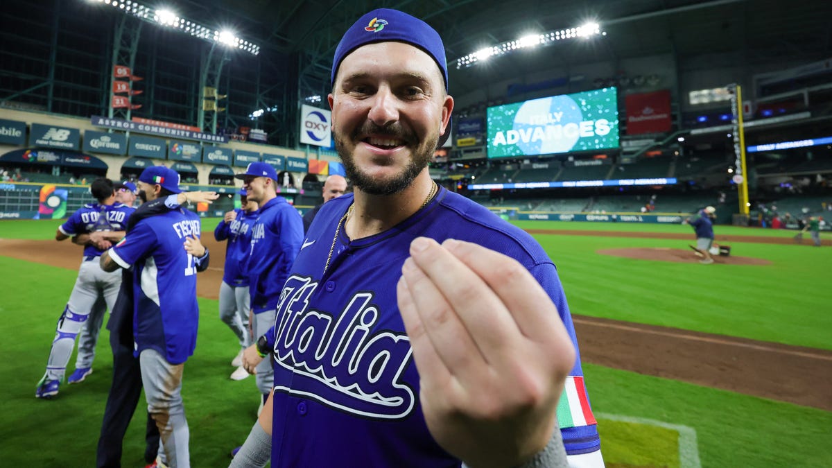 Italy first baseman Vinnie Pasquantino celebrates after defeating Mexico at Daikin Park.