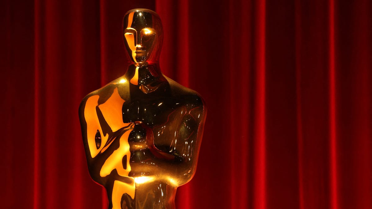 A large Oscar statue ahead of an event for the announcement of the nominees for the 98th Academy Awards, at the Samuel Goldwyn Theater in Beverly Hills, California on Jan. 22, 2026.