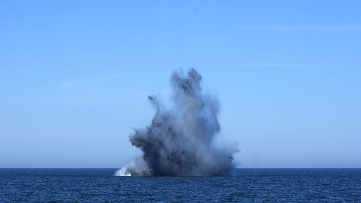 A blast is seen during disposal of an unexploded mine at the international naval mine clearance operation "Open Spirit / EODEX 2025" at sea near Klaipeda, Lithuania May 20, 2025.