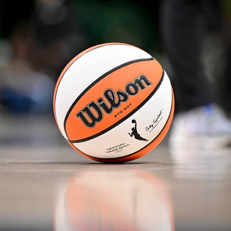 Jun 28, 2025; Arlington, Texas, USA; A view of a Wilson WNBA basketball during the game between the Dallas Wings and the Washington Mystics at College Park Center. Mandatory Credit: Jerome Miron-Imagn Images