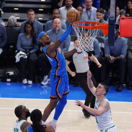 Oklahoma City Thunder guard Shai Gilgeous-Alexander (2) goes up for a basket Mar 12, 2026 against the Boston Celtics at Paycom Center. Alonzo Adams-Imagn Images