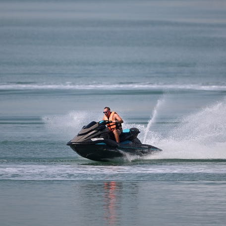 Jet skis at Yas Links Golf Course on November 10, 2024 in Abu Dhabi, United Arab Emirates. (Photo by Ross Kinnaird/Getty Images)