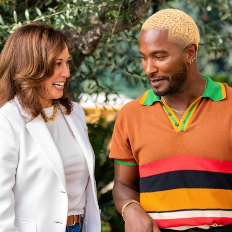 Vice President Kamala Harris and host Scott Evans filming "House Guest" on Sept. 13, 2025, in Los Angeles.