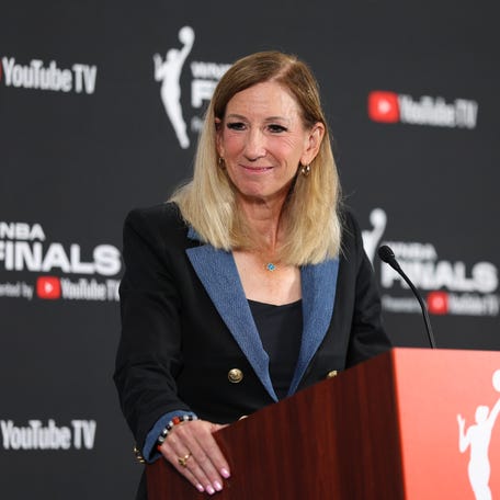 LAS VEGAS, NEVADA - OCTOBER 03: WNBA Commissioner Cathy Engelbert speaks to the media ahead of Game One of the 2025 WNBA Playoffs finals between the Las Vegas Aces and the Phoenix Mercury at Michelob ULTRA Arena on October 03, 2025 in Las Vegas, Nevada. (Photo by Ian Maule/Getty Images)