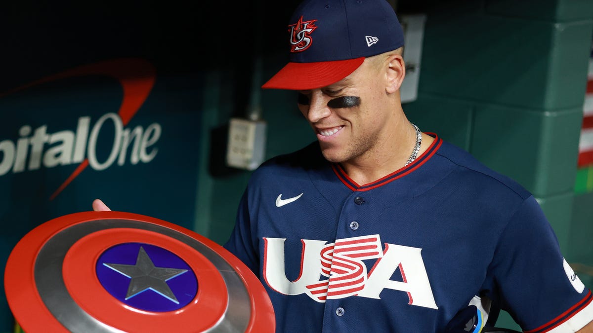 Aaron Judge celebrates after the quarterfinal win against Canada.