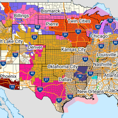 A March 14 map from the National Weather Service shows weather alerts blanketing much of the central US on