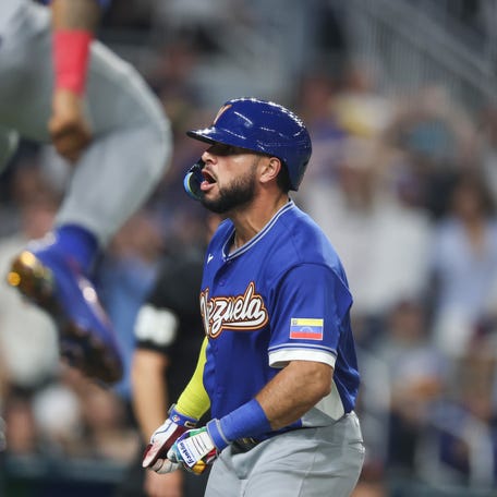 Wilyer Abreu of Team Venezuela celebrates his home run during the sixth inning against Team Japan.