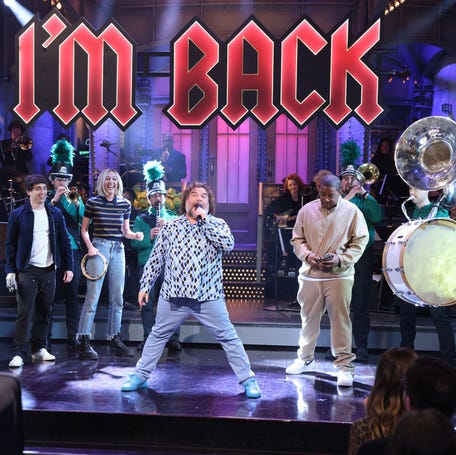 Marcello Hernández (from left), Heidi Gardner, Jack Black and Kenan Thompson during Jack Black's "SNL" monologue on April 5, 2025.