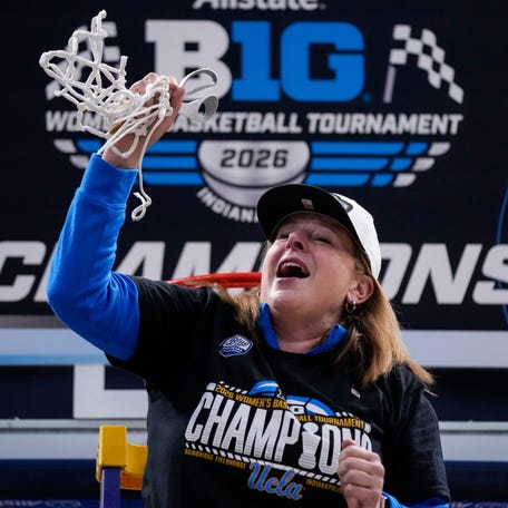 UCLA Bruins head coach Cori Close celebrates after the Big Ten Tournament Championship.