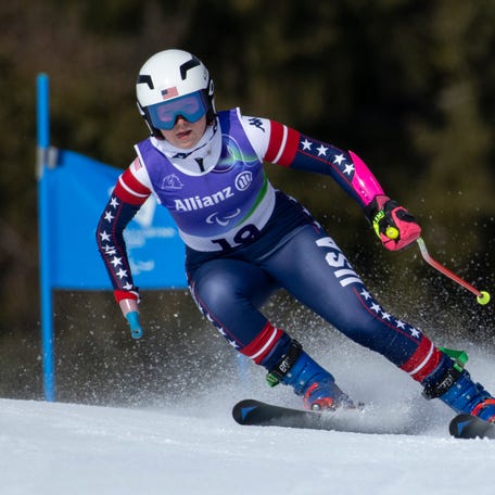 Mar 9, 2026; Cortina, Italy; Audrey Crowley USA competes during the during Para Alpine Skiing Women's Super-G Standing during the Italy 2026 Paralympic Winter Games at Tofane Alpine Skiing Centre. Mandatory Credit: OIS/Jed Jacobsohn via Imagn Images