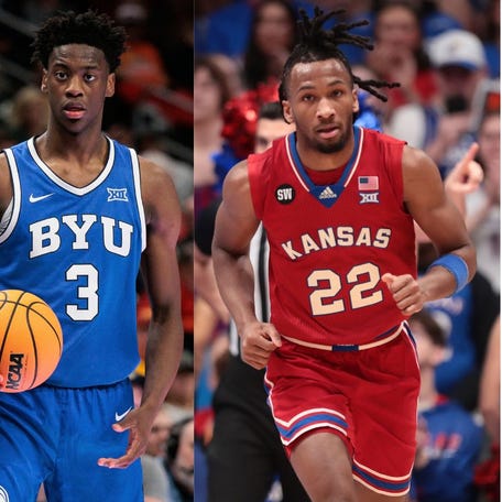 (from left) Cameron Boozer, Duke; A.J. Dybantsa, BYU; Darryn Peterson, Kansas