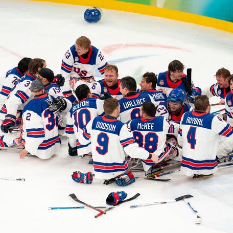 Team USA celebrates winning Gold during the Gold medal game against Team Canada during the Milano-Cortina 2026 Paralympic Winter Games at Milano Santagiulia Ice Hockey Arena on March 15, 2026. Drew Garrison-USA TODAY
