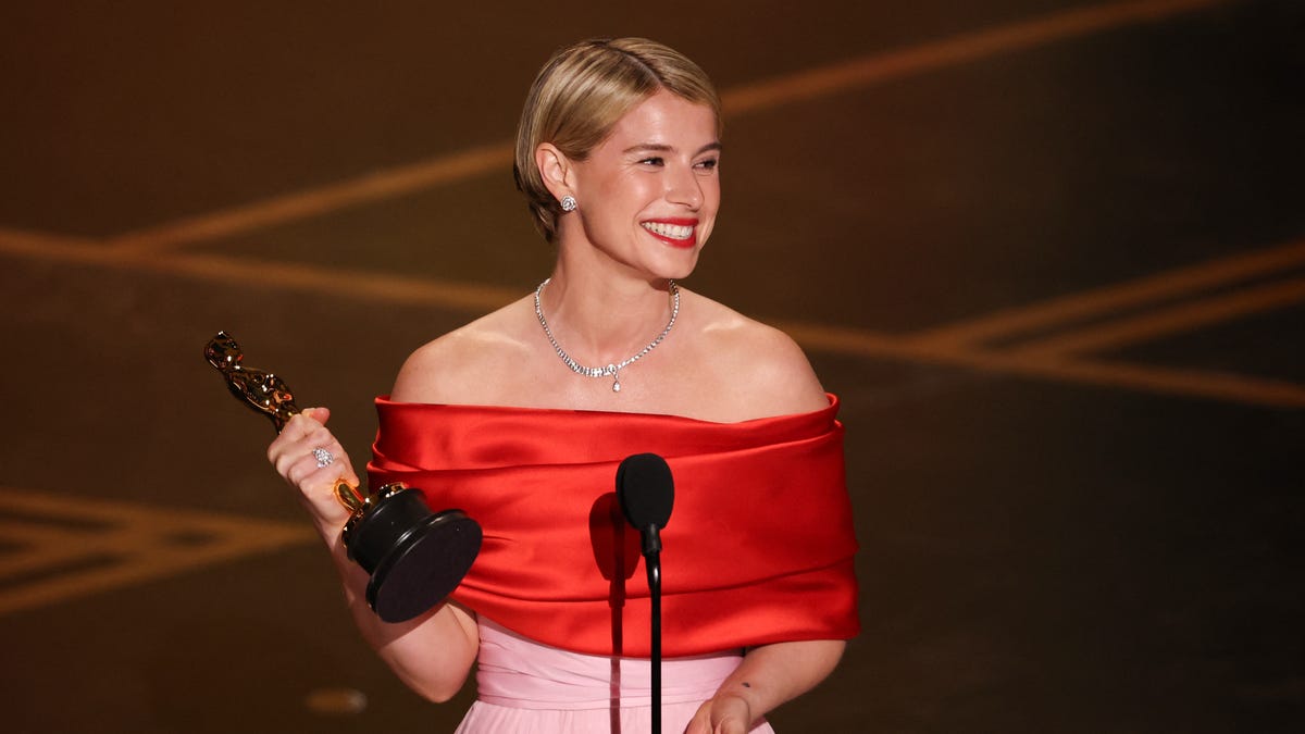 Jessie Buckley accepts the award for Best Actress in a Leading Role for "Hamnet" during the 2026 Oscars.