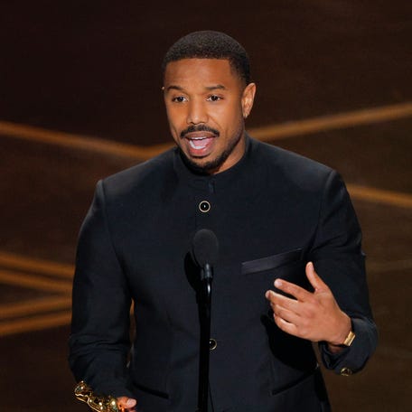 Michael B. Jordan accepts the Oscar for best actor for "Sinners.