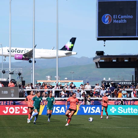 March 14: A Volaris airplane flies over the stadium during the Bay FC vs. Denver Summit FC game at PayPal Park in San Jose, California. Bay FC won the match, 2-1, in what was the first-ever game for the Denver Summit.