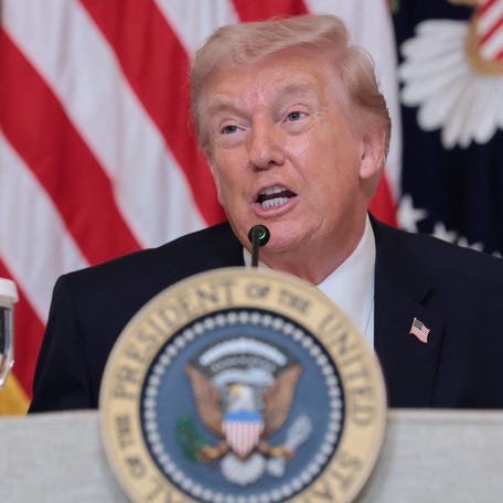 President Donald Trump addresses reporters at the White House in Washington, DC, on March 16, 2026.