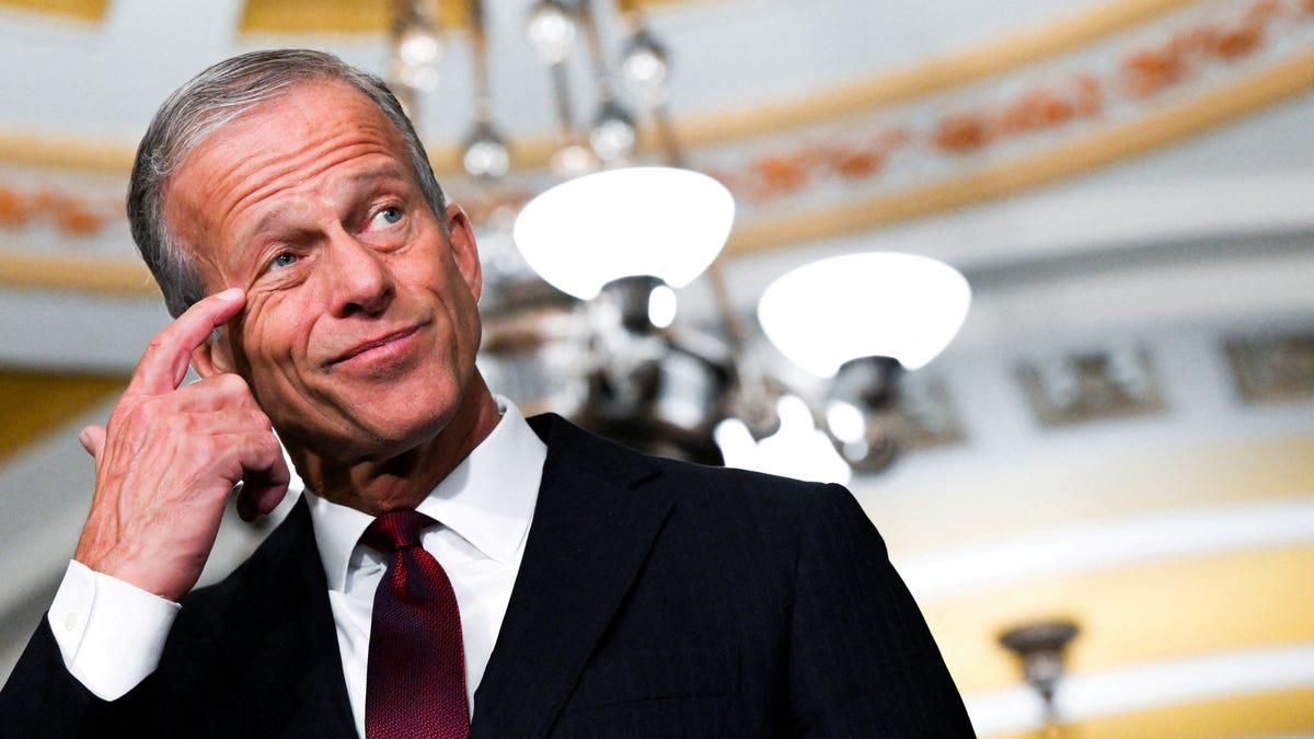 Senate Majority Leader John Thune, R-South Dakota, listens to a question from a reporter at the U.S. Capitol on March 10, 2026, in Washington, DC.